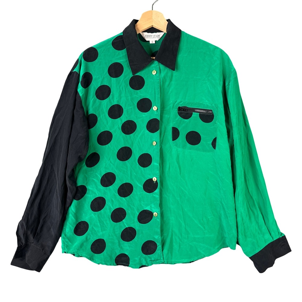 Sunny Leigh Vintage 100% Silk Polka Dot Colorblock Button Down Shirt Green Black